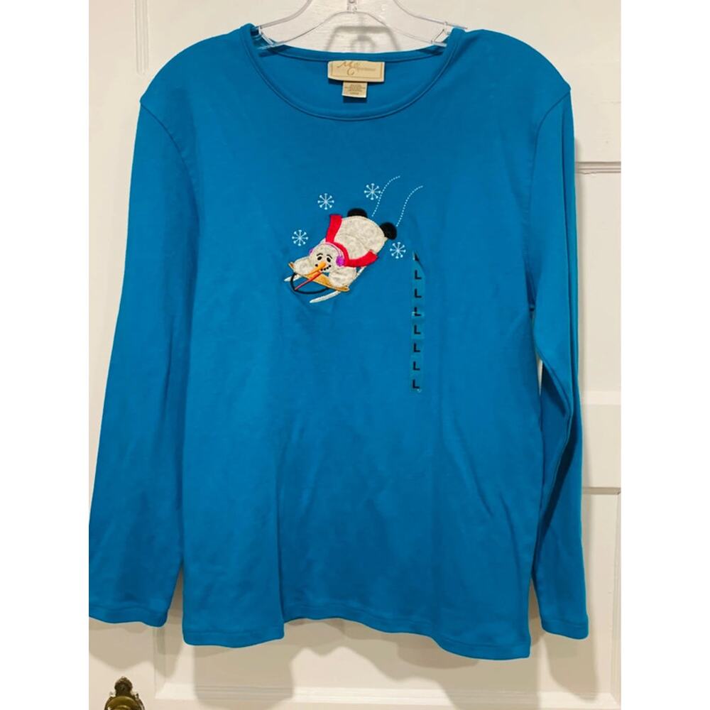 M C Sportswear Blue Long Sleeve Top Holiday Sledding Snowman Graphic Large